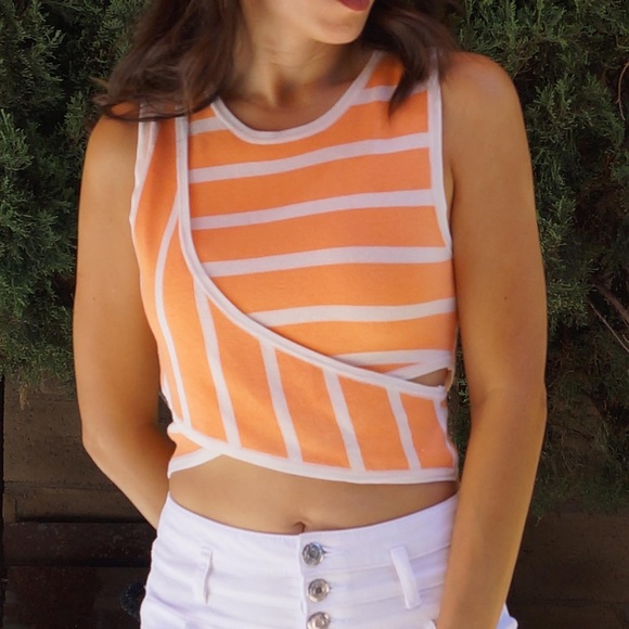 Mustard Seed Melon & White Striped Crop Top Size S - Picture 3 of 7